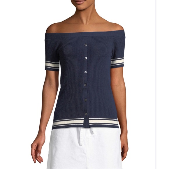 Frame Denim Navy / White Ribbed Off-the-Shoulder Button Down Sweater, sz Med - Picture 3 of 11